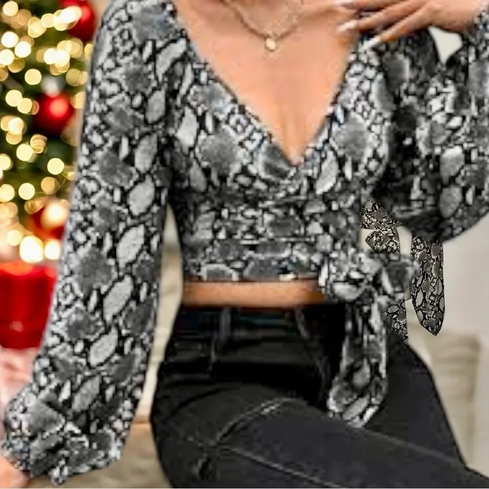 SHEIN Top Blouse Gray Deep V Reptile Print Bishop Sleeve Crop Wrap Tie Size L 🍭 - Picture 6 of 15